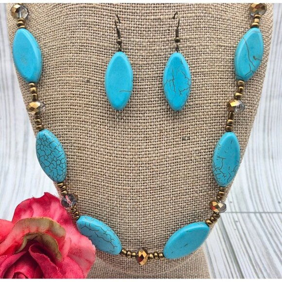 Artisan Bronze Bead & Howlite Stone Faux Turquoise Collar Necklace & Earring Set - Picture 4 of 12